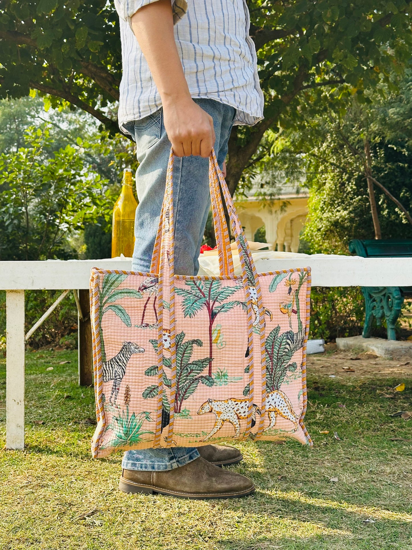 Handcrafted Quilted Cotton Tote Bag – Pink Tiger Art Print