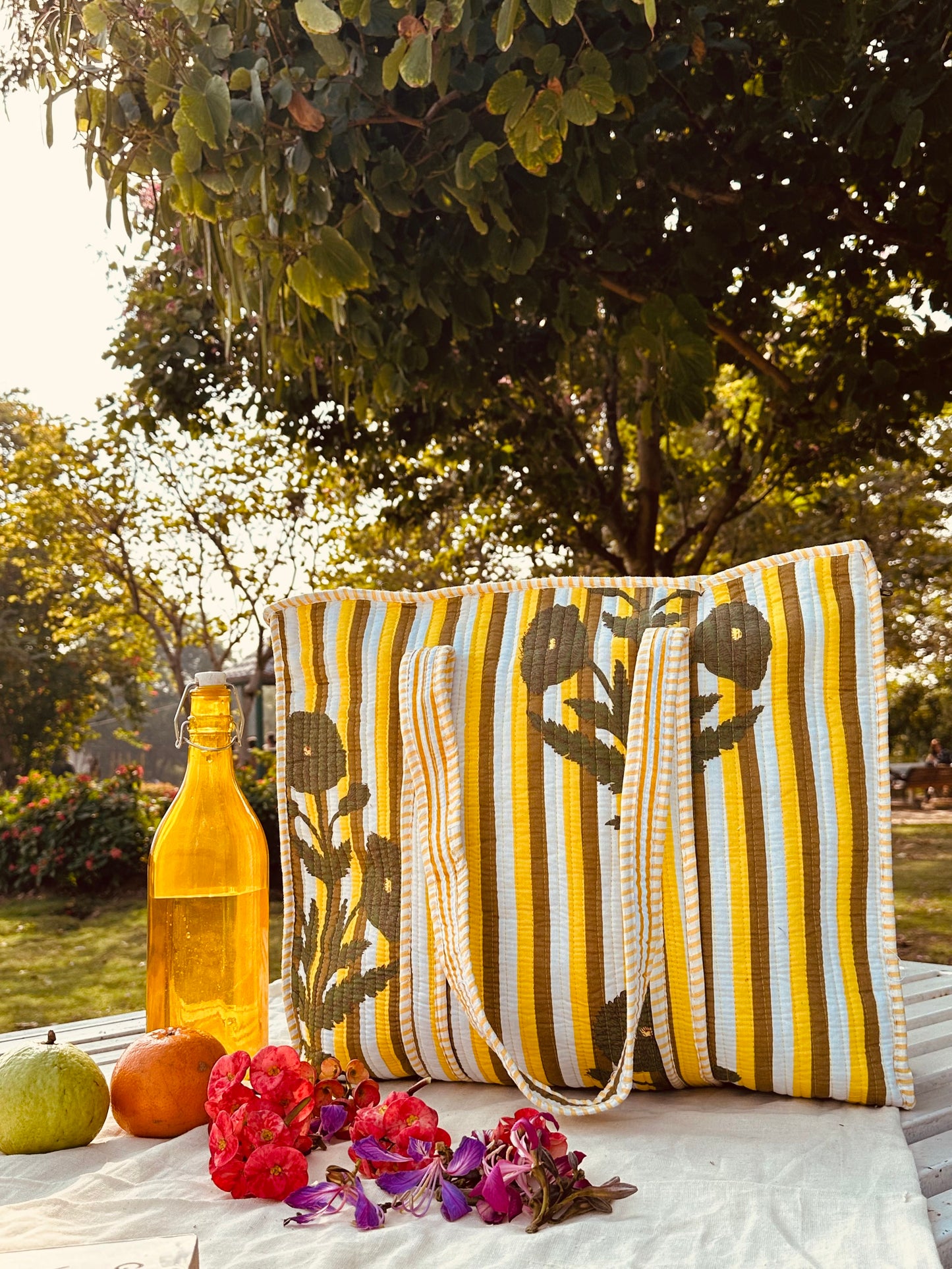 Handcrafted Quilted Cotton Tote Bag – Yellow Striped Floral Print