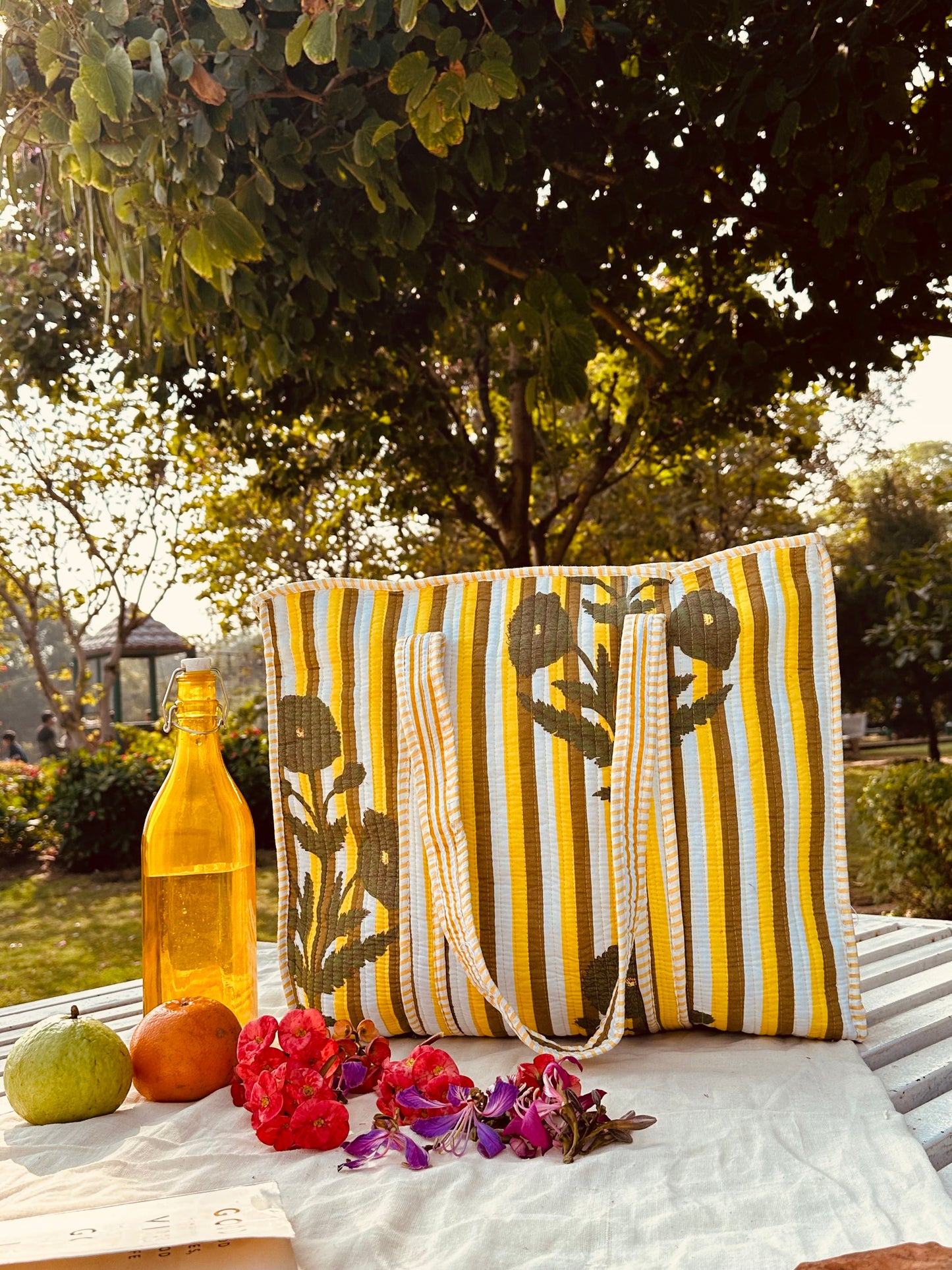 Handcrafted Quilted Cotton Tote Bag – Yellow Striped Floral Print