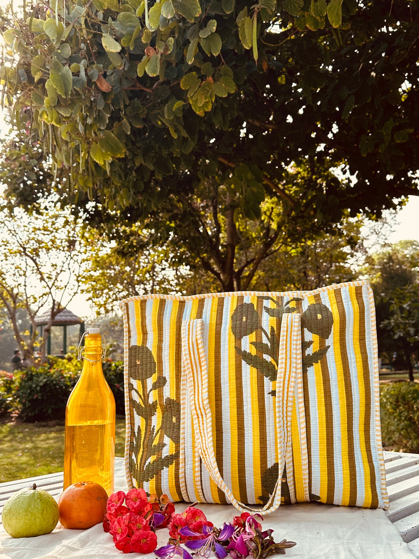 Handcrafted Quilted Cotton Tote Bag – Yellow Striped Floral Print