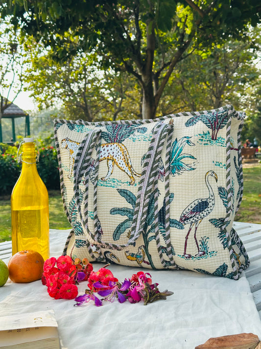 Handcrafted Quilted Cotton Tote Bag – Ivory Jungle Bird & Leopard Print
