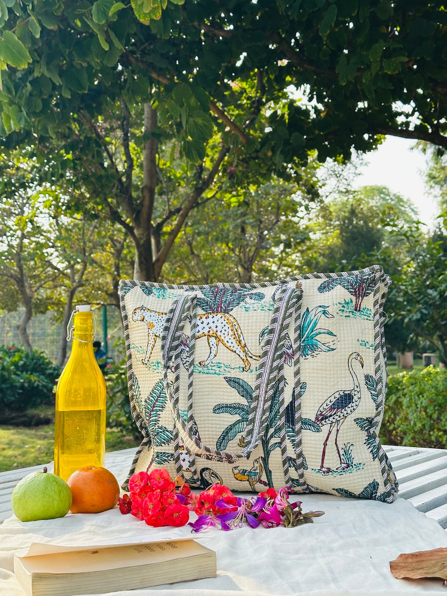 Handcrafted Quilted Cotton Tote Bag – Ivory Jungle Bird & Leopard Print