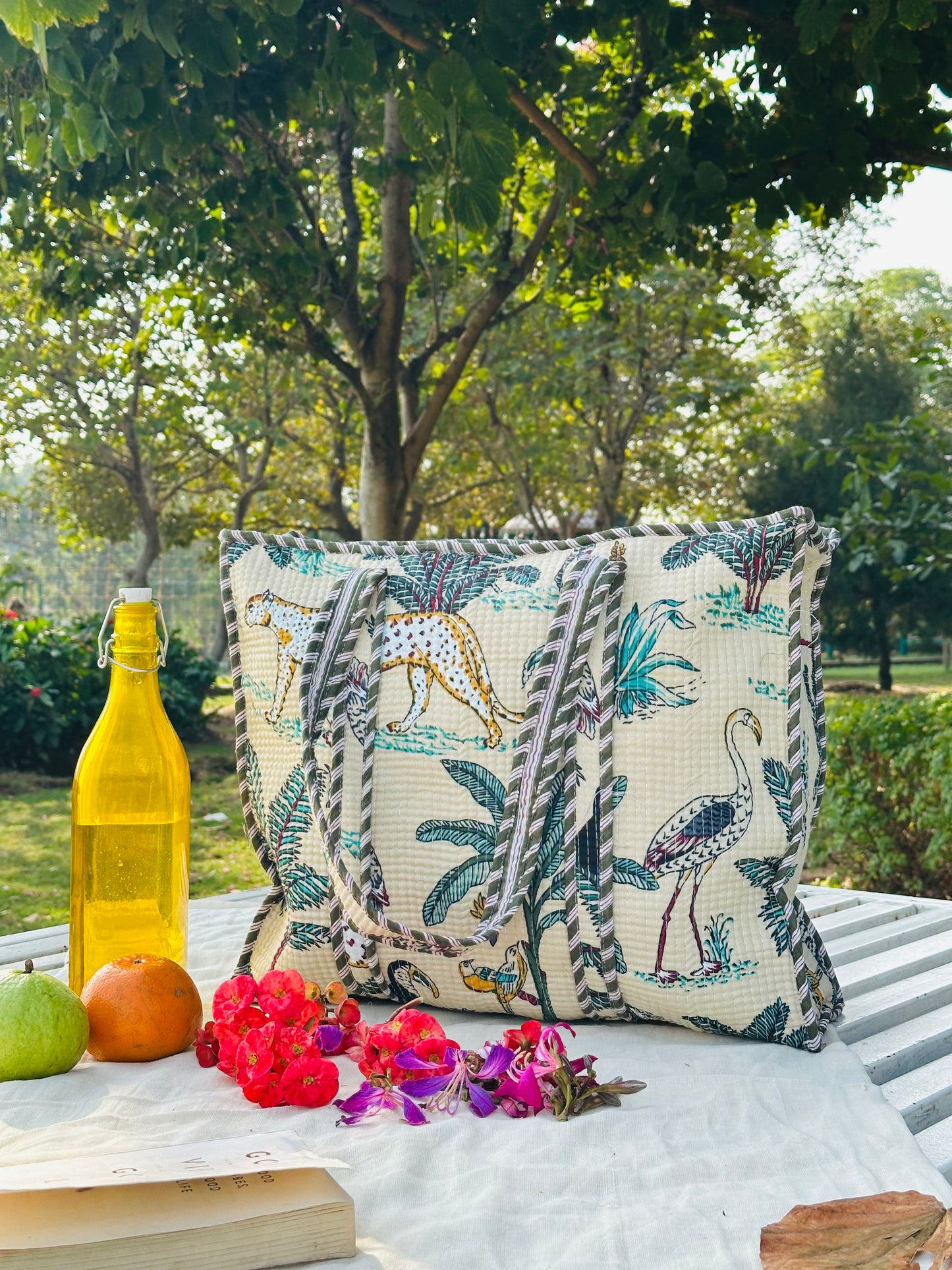 Handcrafted Quilted Cotton Tote Bag – Ivory Jungle Bird & Leopard Print