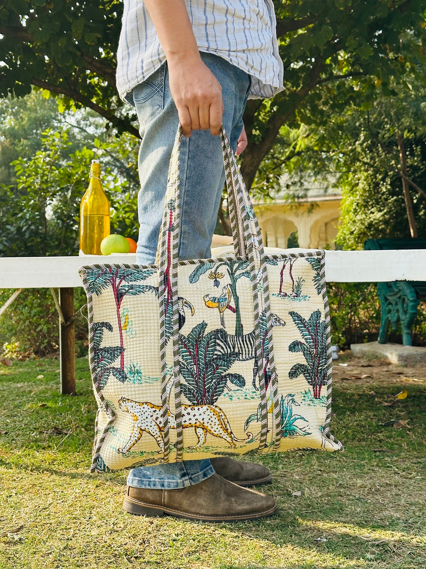 Handcrafted Quilted Cotton Tote Bag – Ivory Jungle Bird & Leopard Print