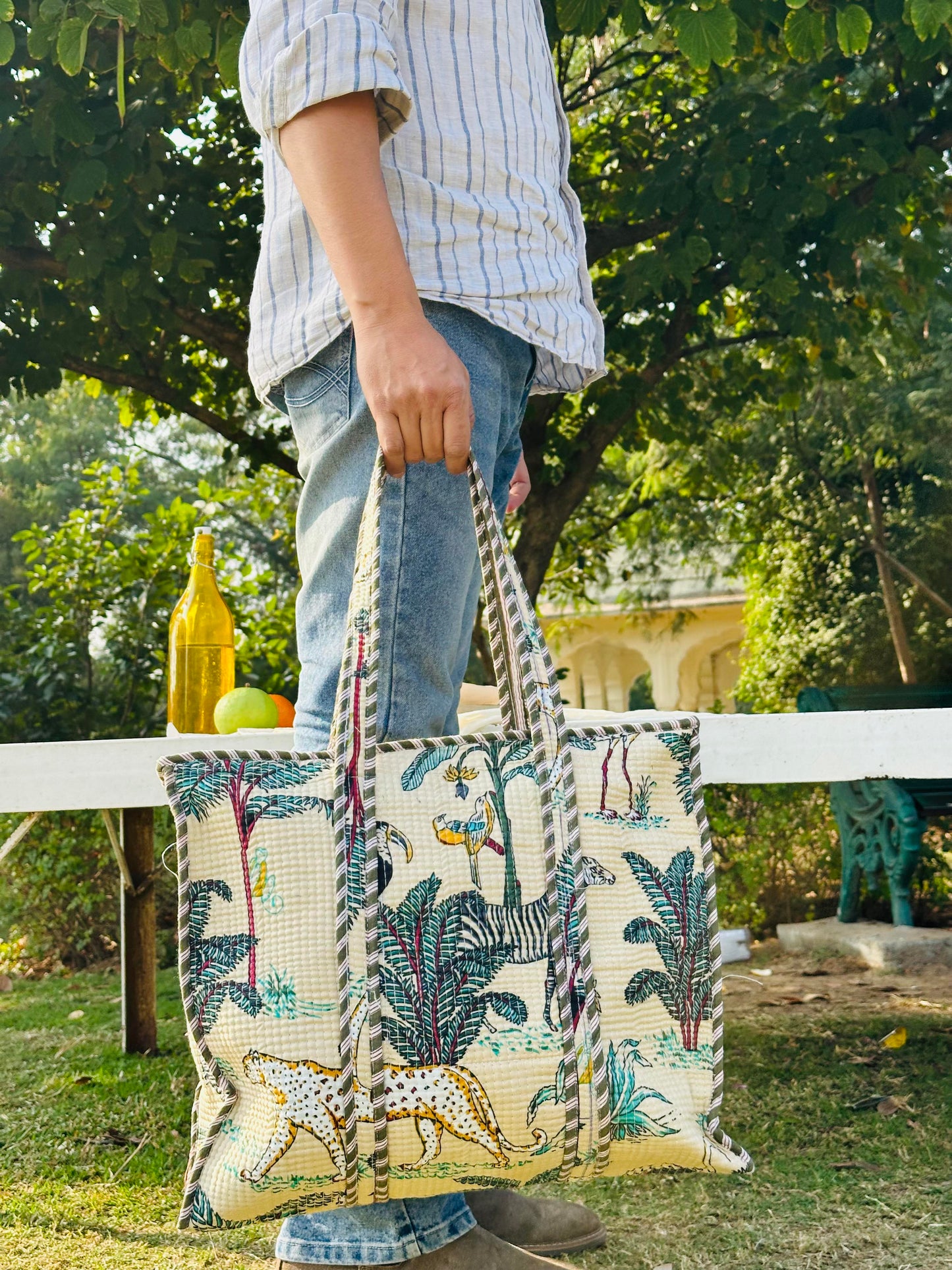 Handcrafted Quilted Cotton Tote Bag – Ivory Jungle Bird & Leopard Print