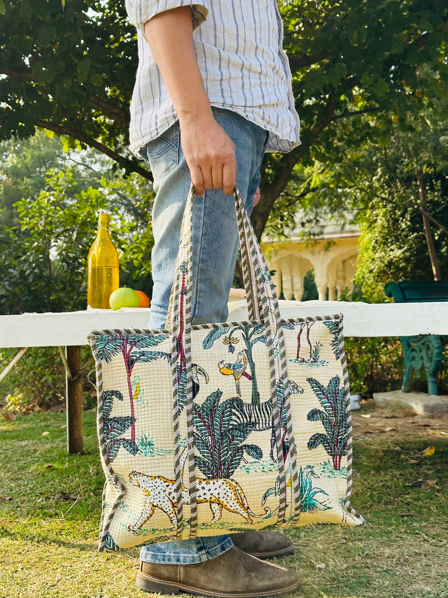 Handcrafted Quilted Cotton Tote Bag – Ivory Jungle Bird & Leopard Print