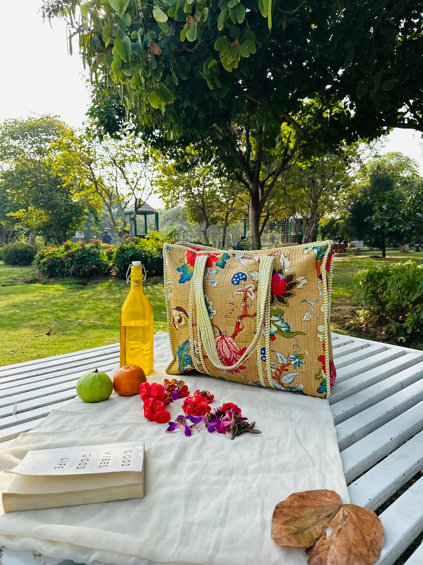 Handcrafted Quilted Cotton Tote Bag – Mustard Floral Vintage Print