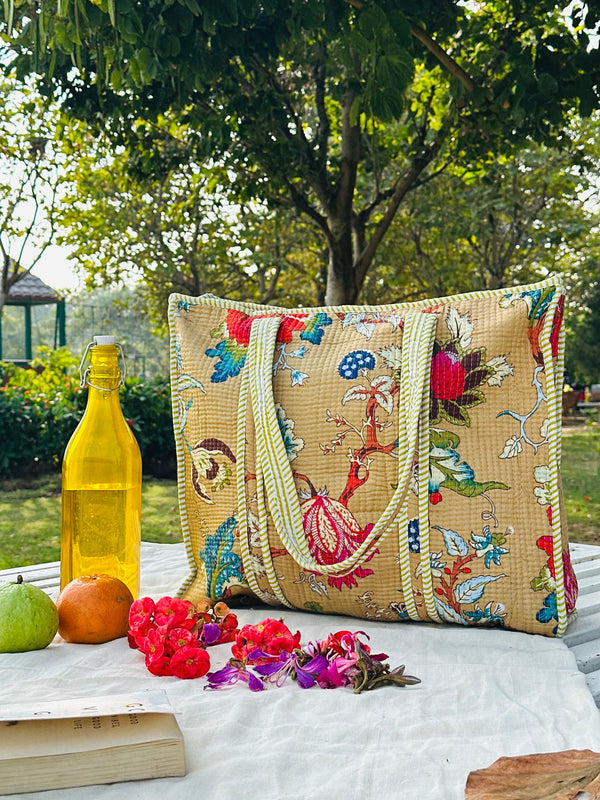 Handcrafted Quilted Cotton Tote Bag – Mustard Floral Vintage Print