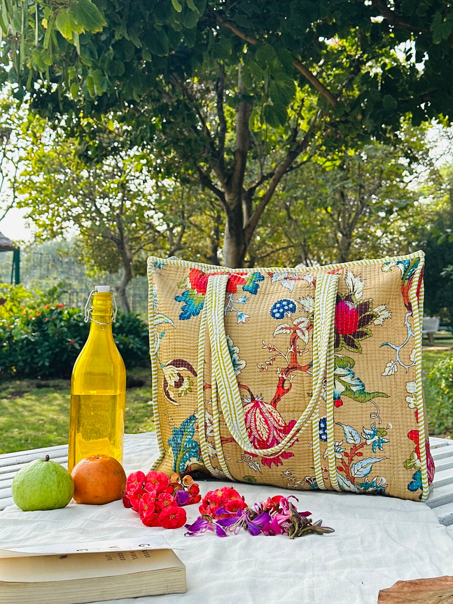 Handcrafted Quilted Cotton Tote Bag – Mustard Floral Vintage Print