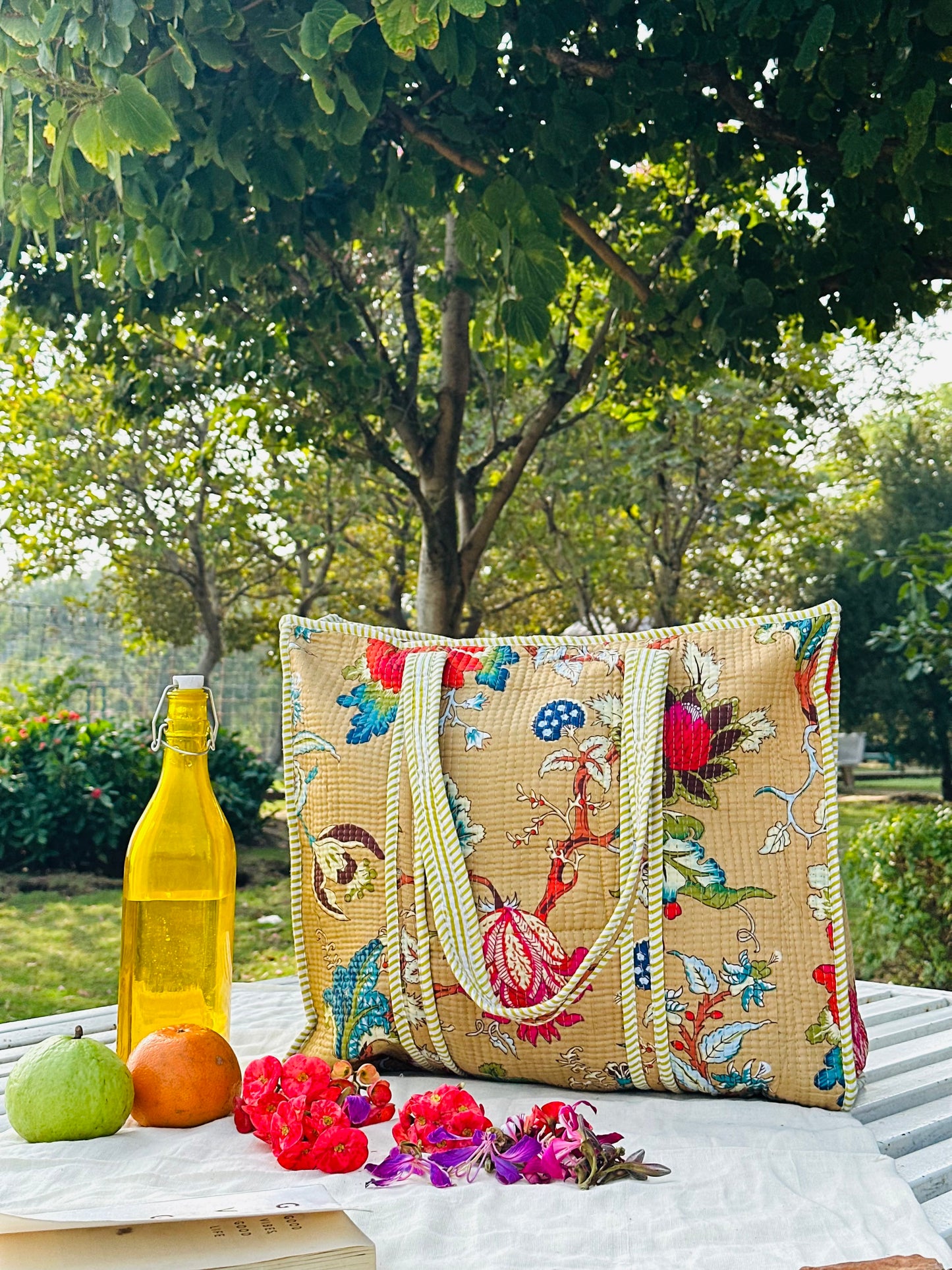 Handcrafted Quilted Cotton Tote Bag – Mustard Floral Vintage Print