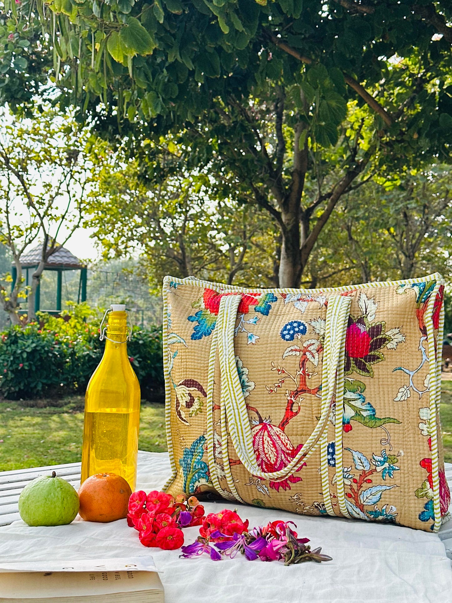 Handcrafted Quilted Cotton Tote Bag – Mustard Floral Vintage Print