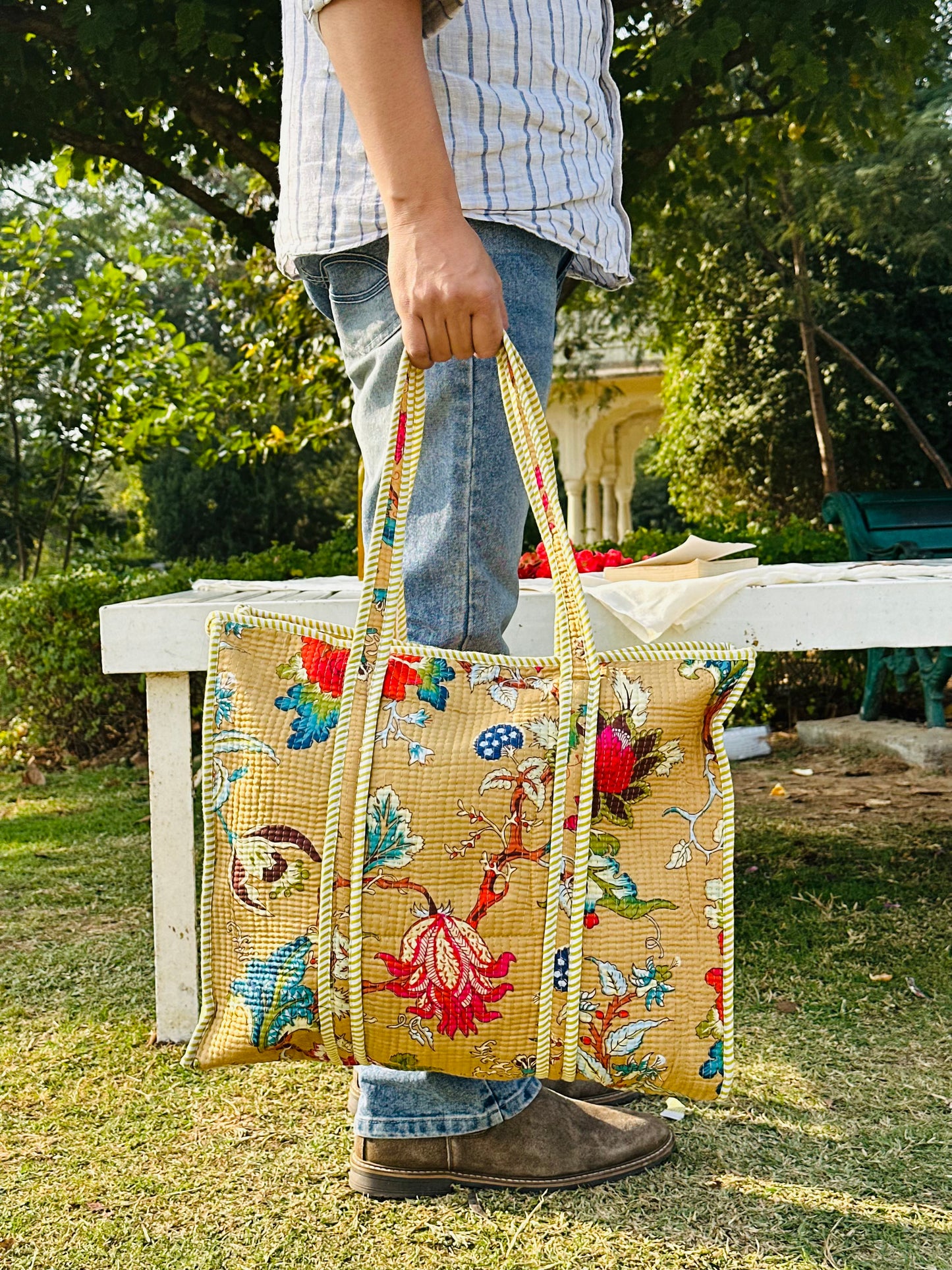 Handcrafted Quilted Cotton Tote Bag – Mustard Floral Vintage Print