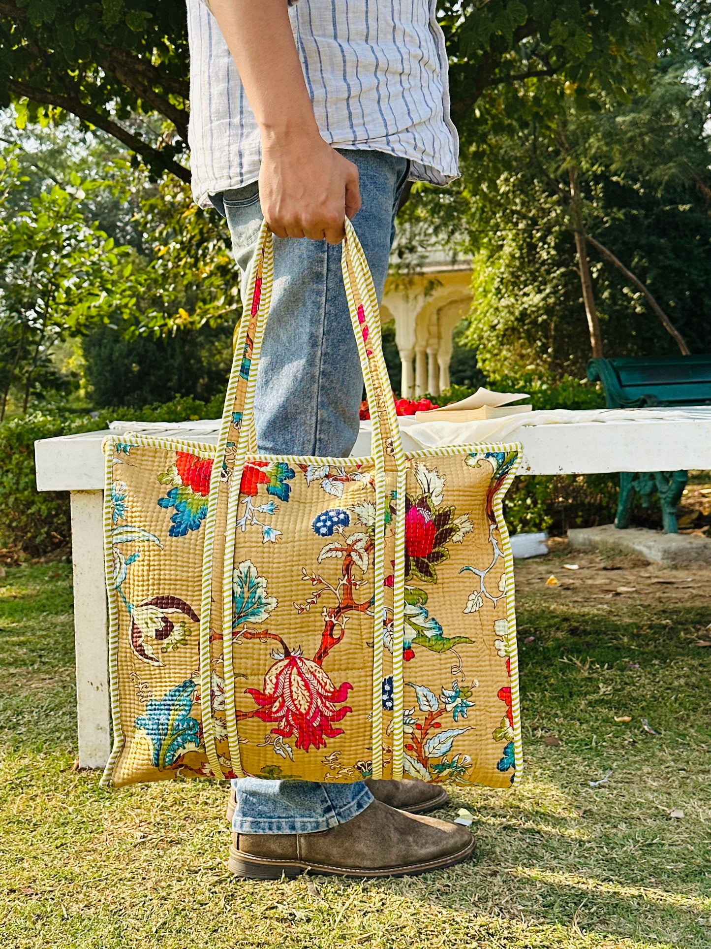 Handcrafted Quilted Cotton Tote Bag – Mustard Floral Vintage Print