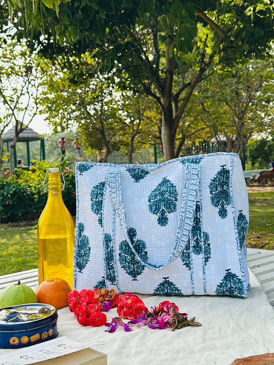 Handcrafted Quilted Cotton Tote Bag – White & Teal Floral Block Print