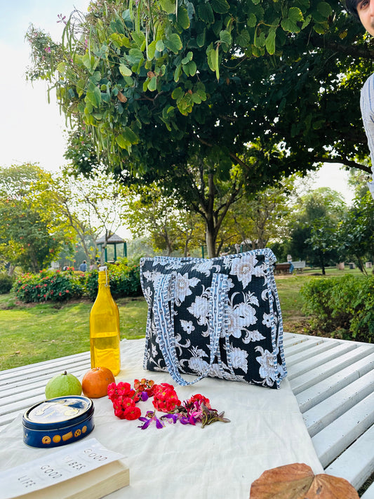 Handcrafted Quilted Cotton Tote Bag – Black & White Floral Print