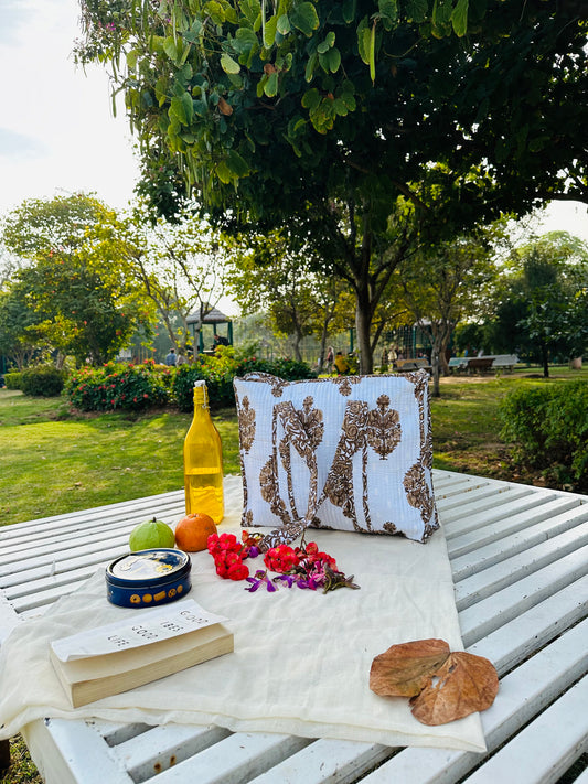 Handcrafted Quilted Cotton Tote Bag – White & Brown Traditional Floral Print