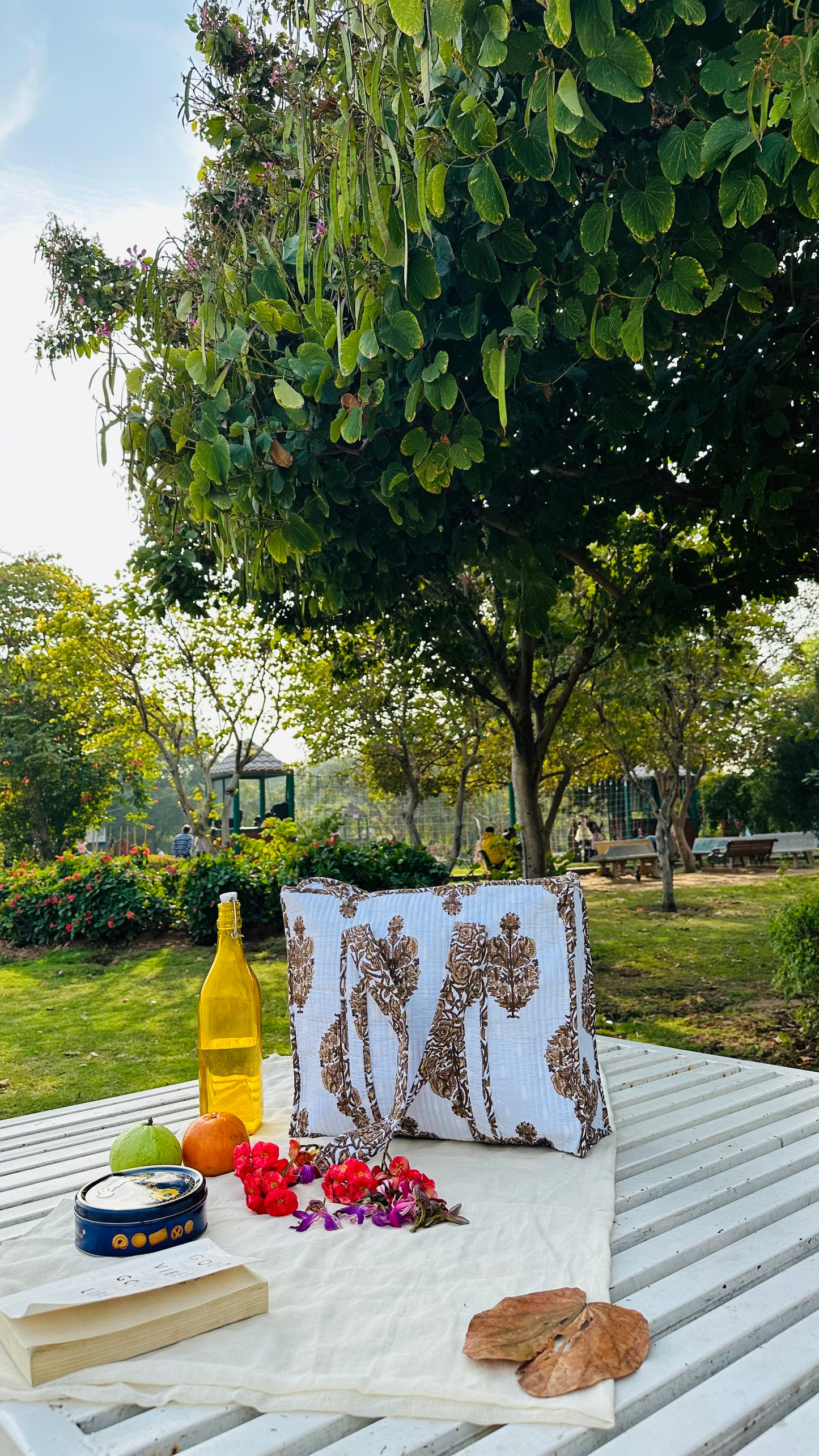 Handcrafted Quilted Cotton Tote Bag – White & Brown Traditional Floral Print