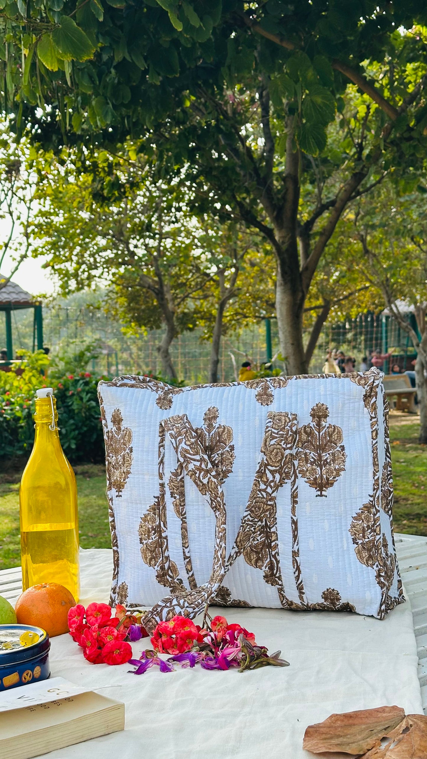 Handcrafted Quilted Cotton Tote Bag – White & Brown Traditional Floral Print
