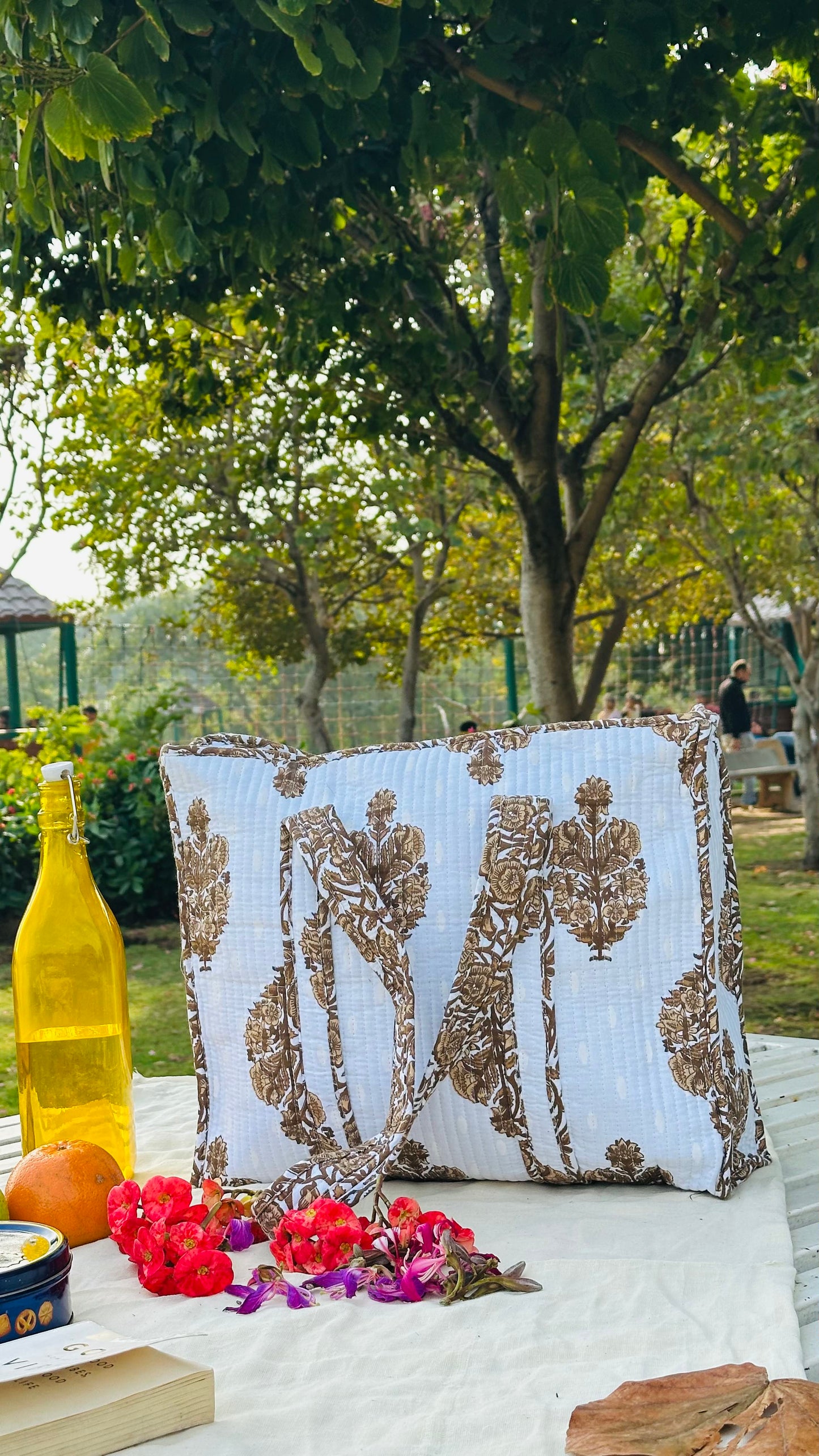 Handcrafted Quilted Cotton Tote Bag – White & Brown Traditional Floral Print
