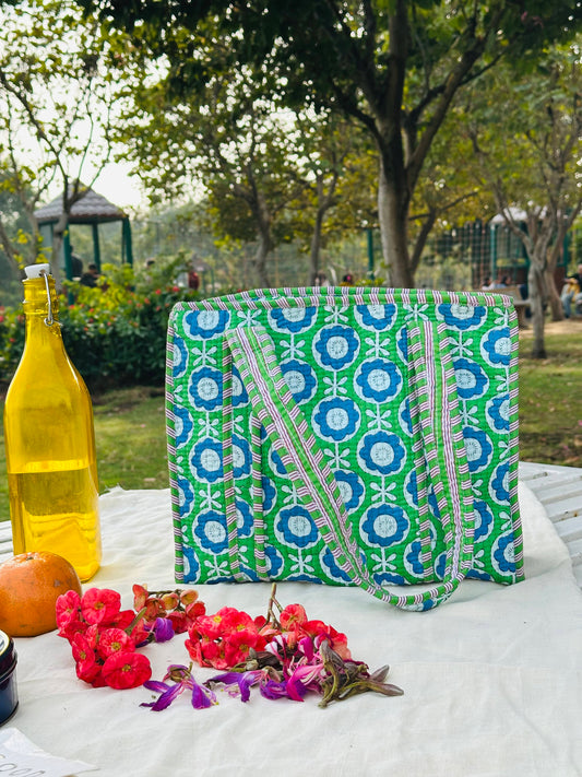 Handcrafted Quilted Cotton Tote Bag – Green & Blue Geometric Floral Print