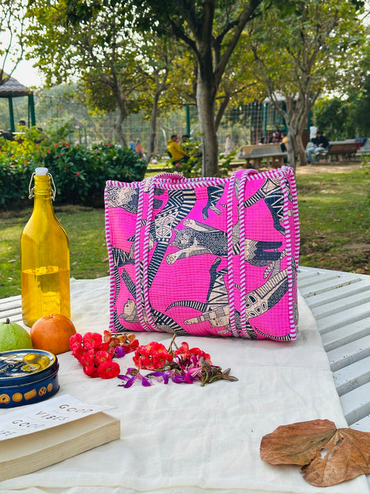 Handcrafted Pink Quilted Cotton Tote Bag – Artistic Animal Print