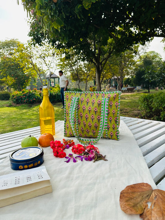 Handcrafted Quilted Cotton Tote Bag – Mustard Yellow Traditional Floral Print