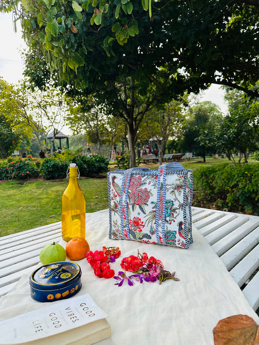 Handcrafted Floral Quilted Cotton Tote Bag – Multicolor Garden Print