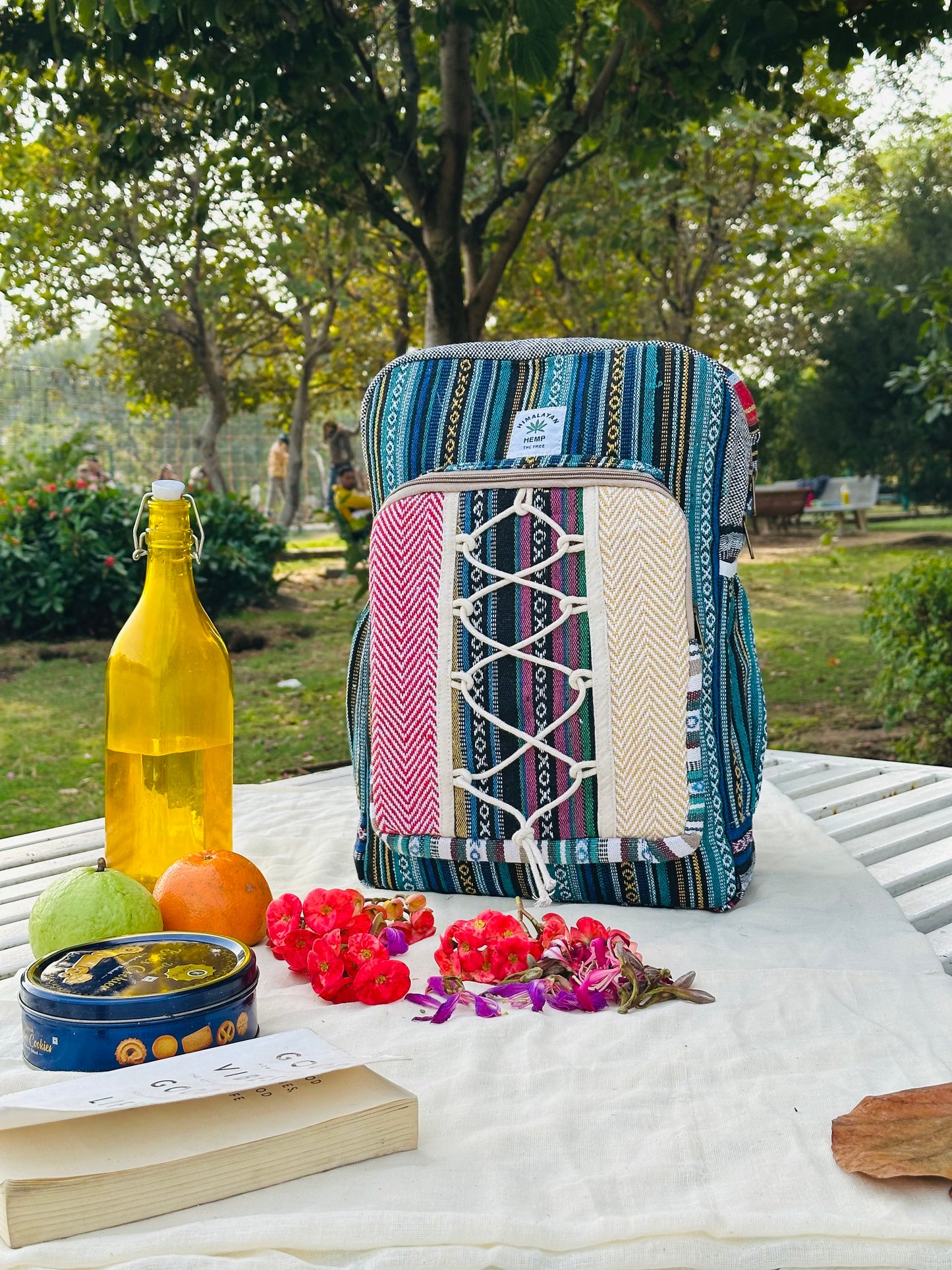 Himalayan Hemp Backpack – Multicolor Stripe with Lace-Up Pocket