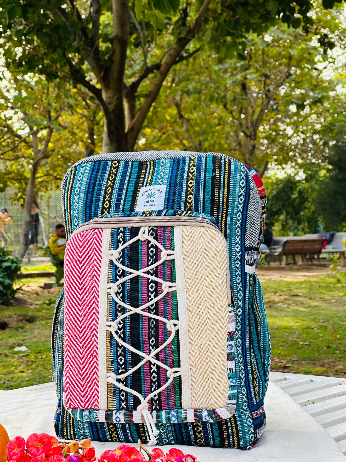 Himalayan Hemp Backpack – Multicolor Stripe with Lace-Up Pocket