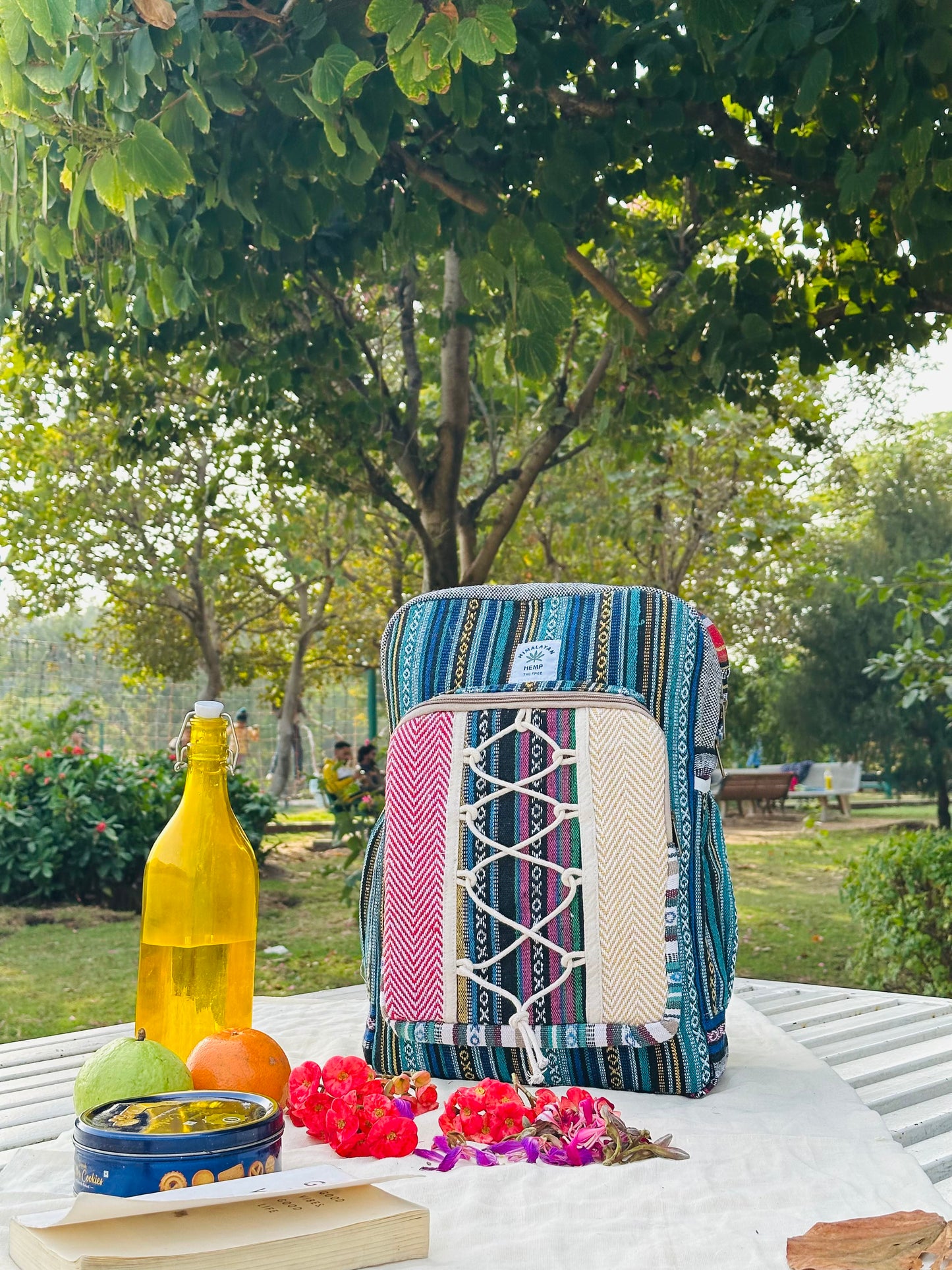 Himalayan Hemp Backpack – Multicolor Stripe with Lace-Up Pocket