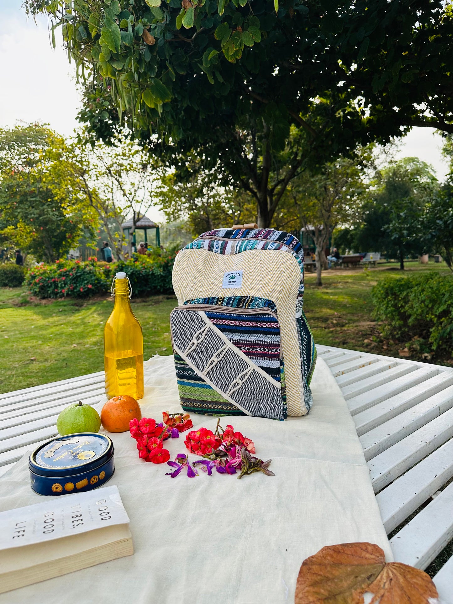 Himalayan Hemp Backpack – Beige Chevron & Multicolor Panels