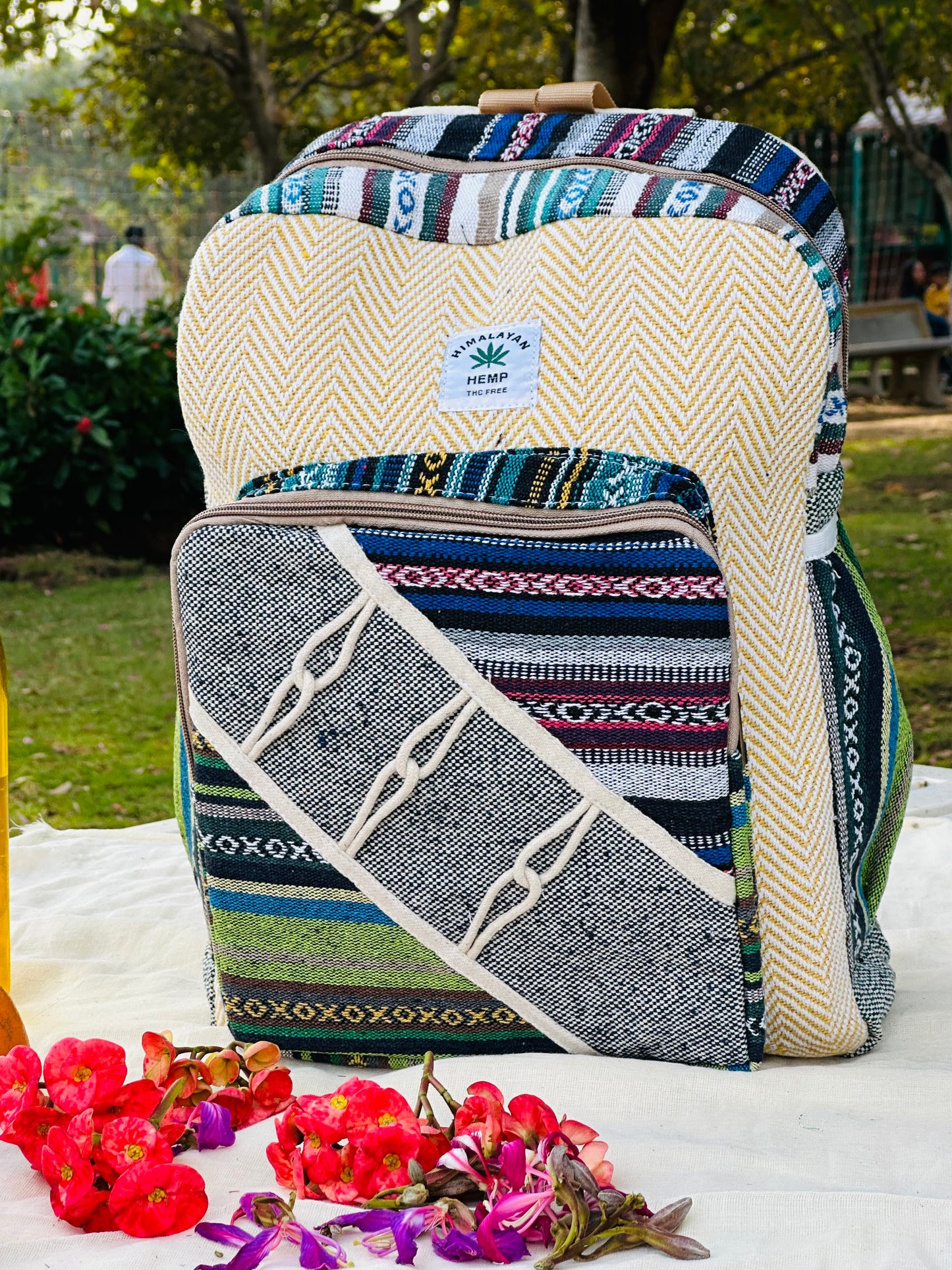 Himalayan Hemp Backpack – Beige Chevron & Multicolor Panels