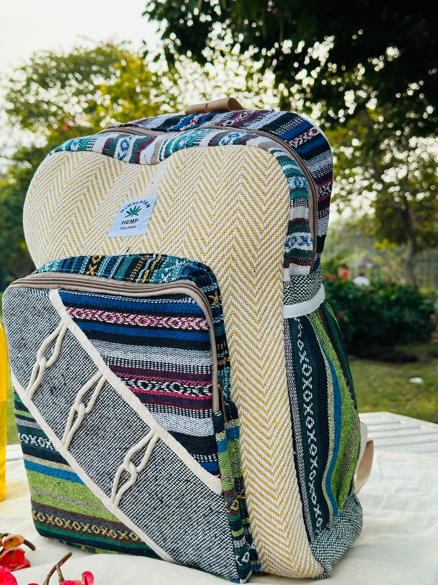 Himalayan Hemp Backpack – Beige Chevron & Multicolor Panels