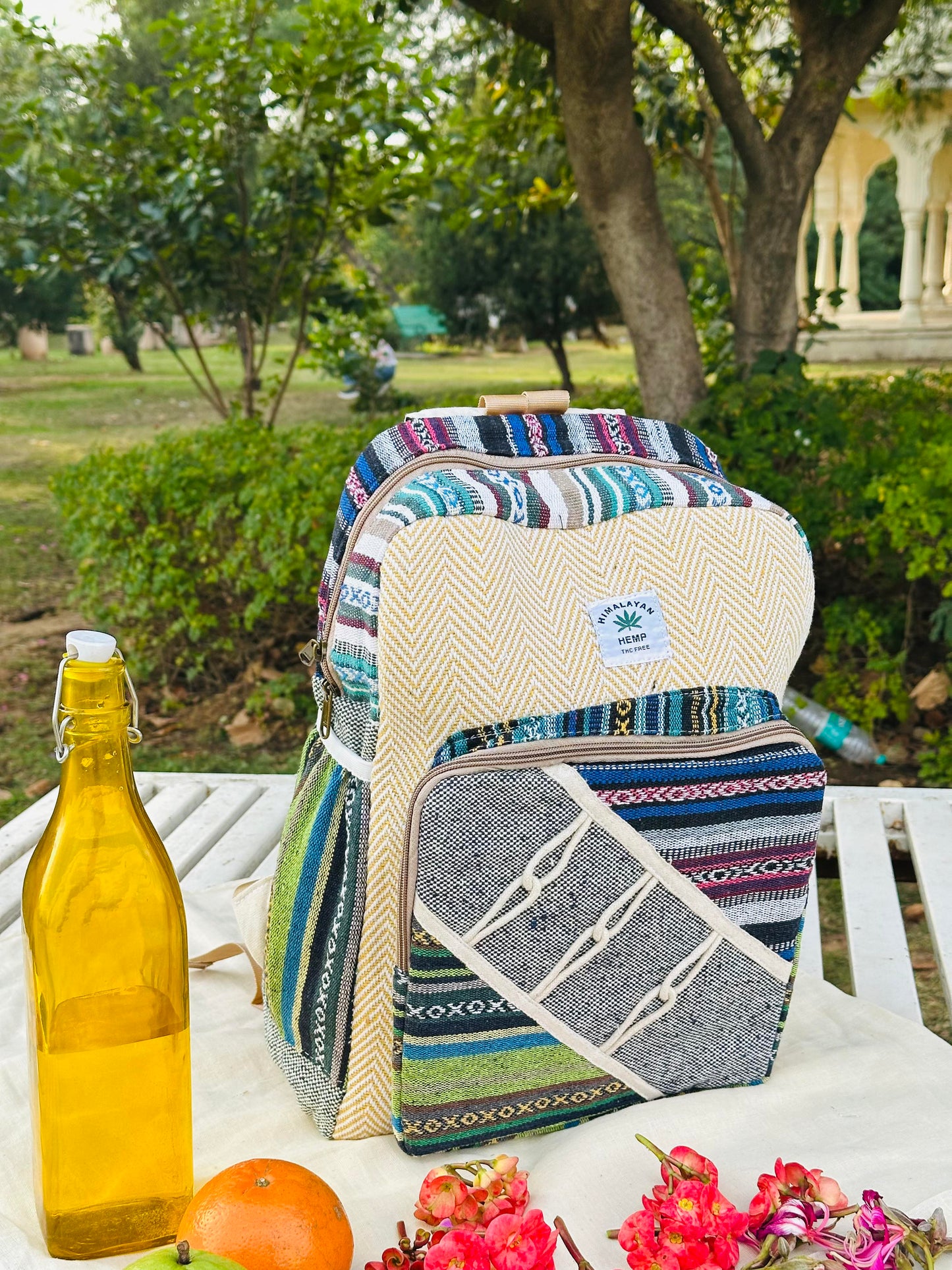 Himalayan Hemp Backpack – Beige Chevron & Multicolor Panels