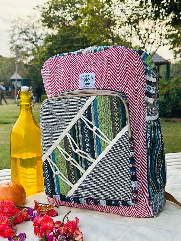 Himalayan Hemp Backpack – Red Chevron & Multicolor Weave