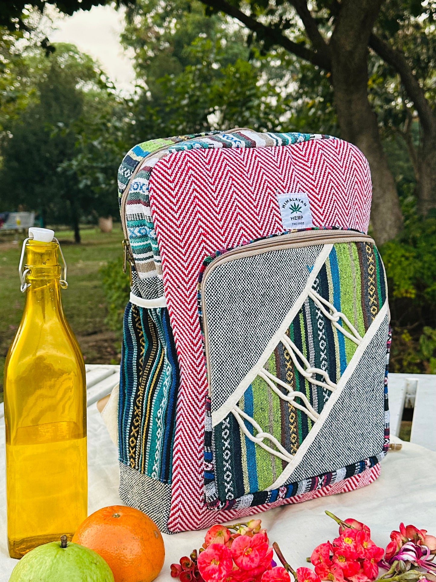 Himalayan Hemp Backpack – Red Chevron & Multicolor Weave