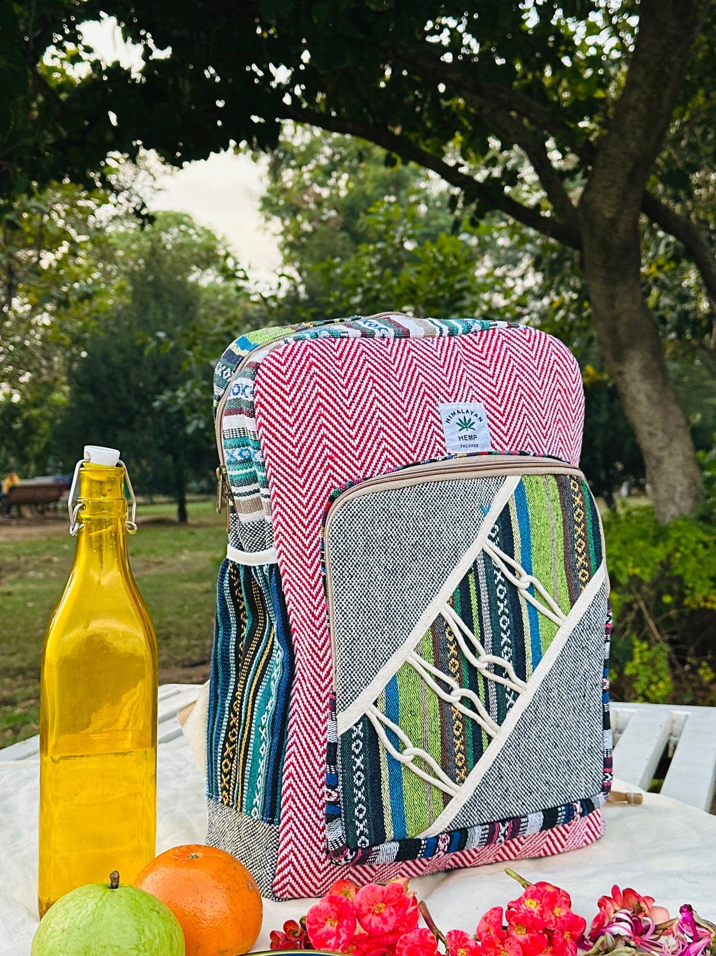 Himalayan Hemp Backpack – Red Chevron & Multicolor Weave