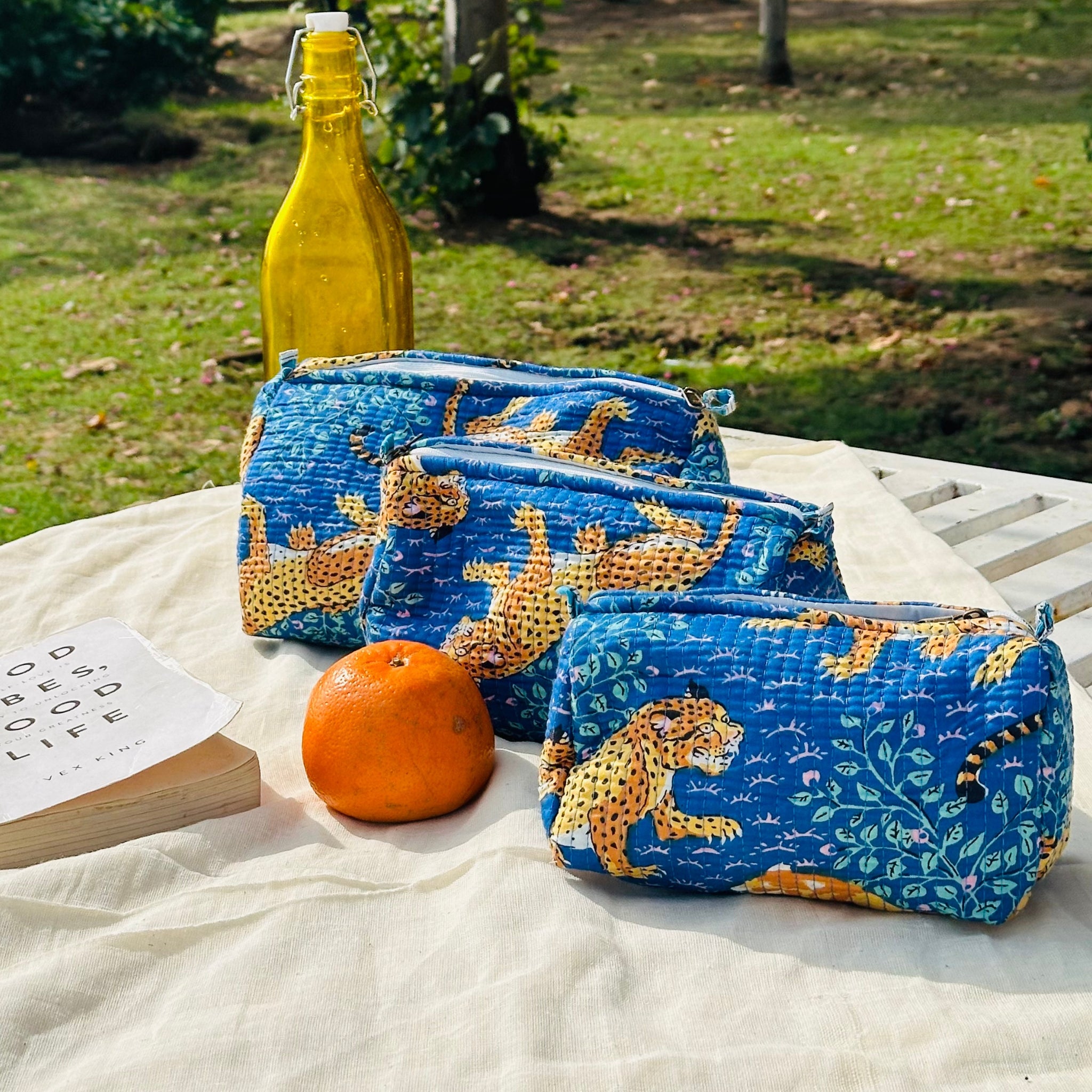 Quilted 3-Piece Pouch Set - Royal Blue