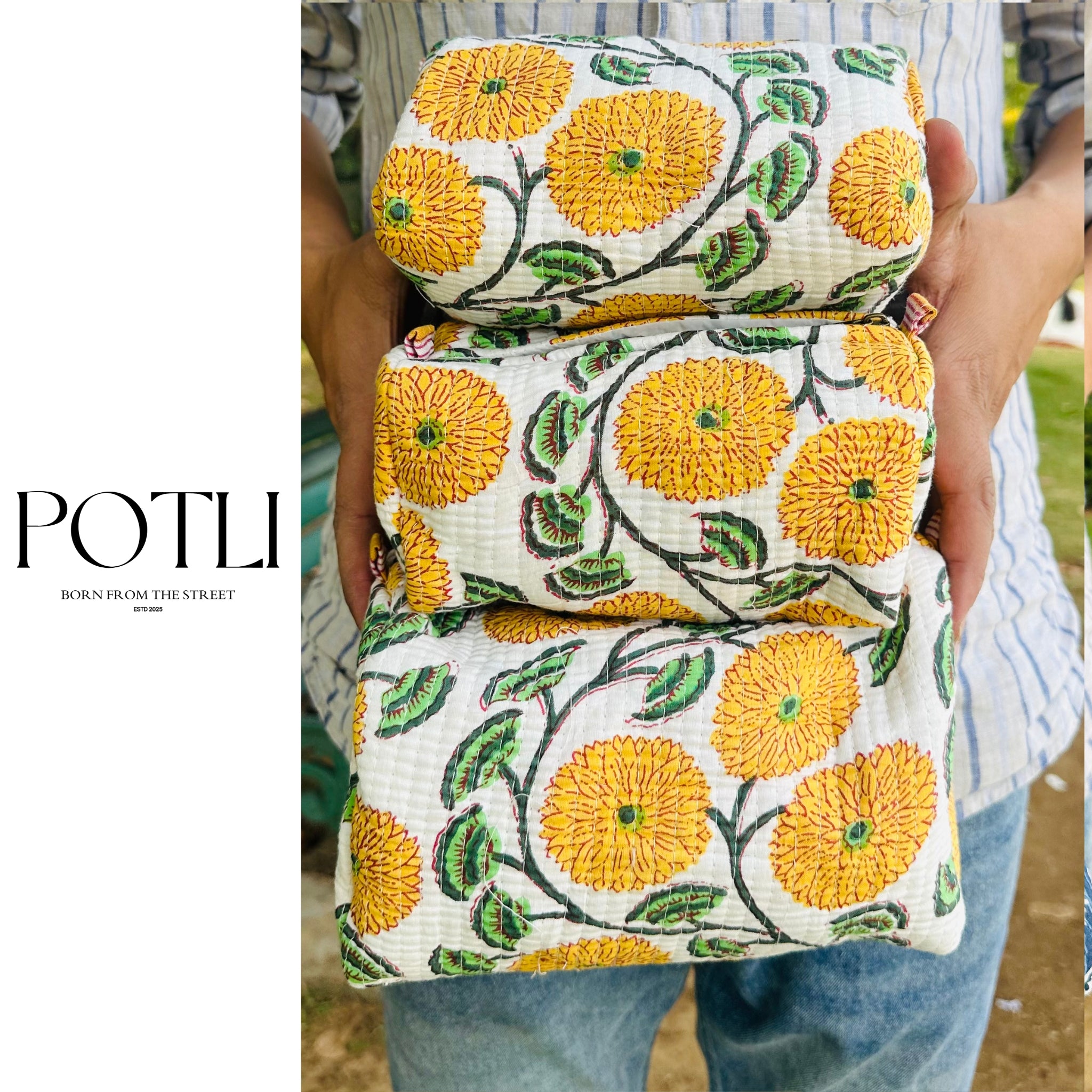 Quilted 3-Piece Pouch Set - Off-White & Yellow Floral