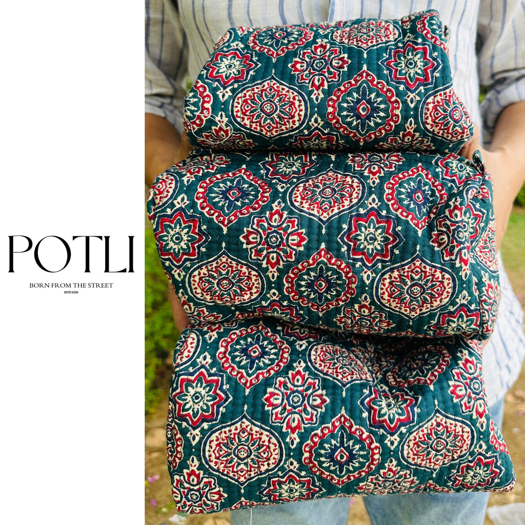 Quilted 3-Piece Pouch Set - Green & Red Print