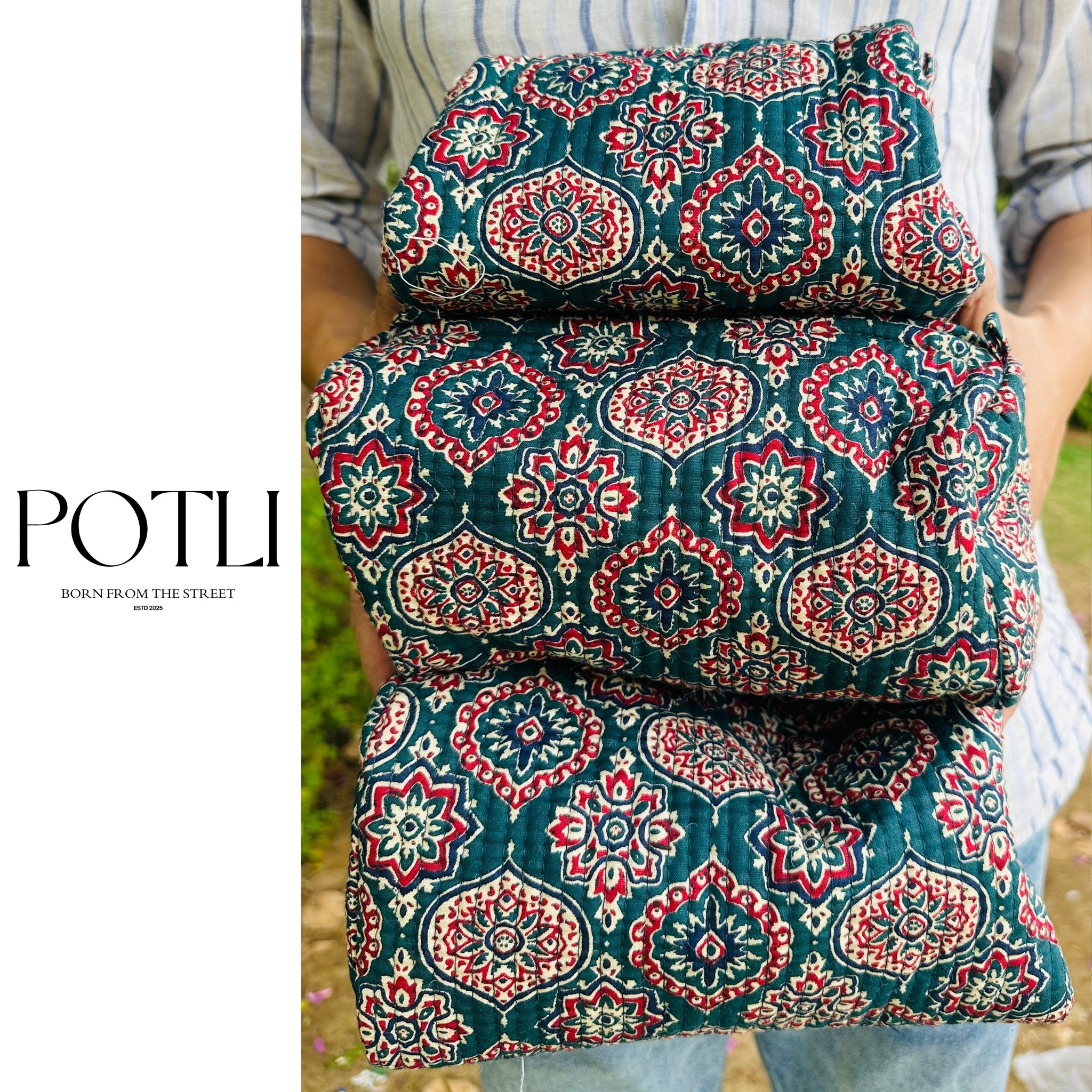 Quilted 3-Piece Pouch Set - Green & Red Print