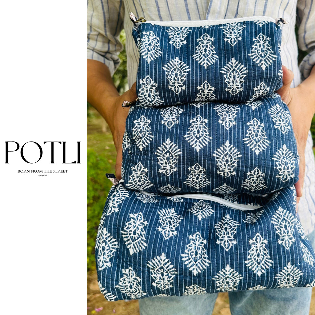 Quilted 3-Piece Pouch Set - Blue Block Print