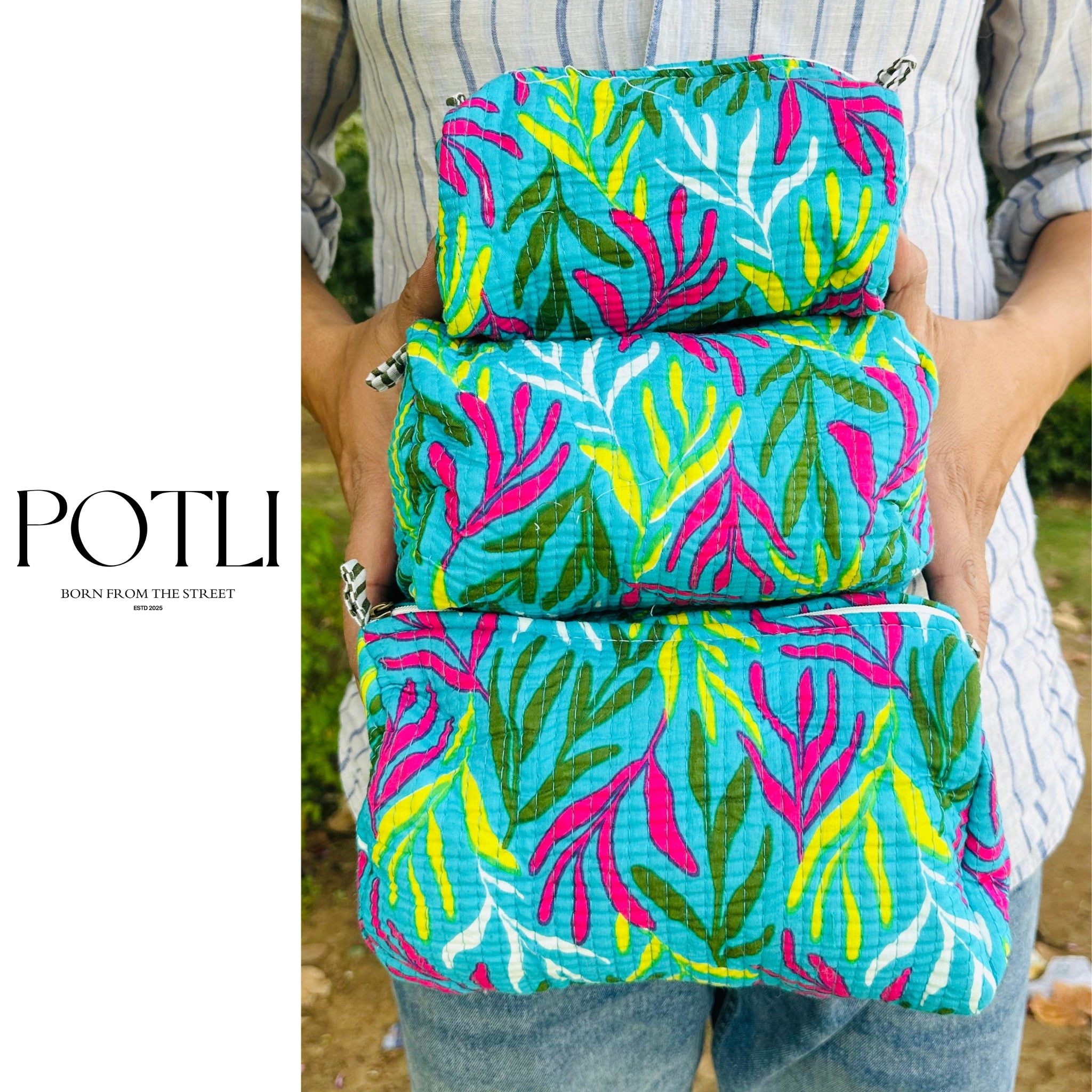 Quilted 3-Piece Pouch Set - Bright Aqua Leaf