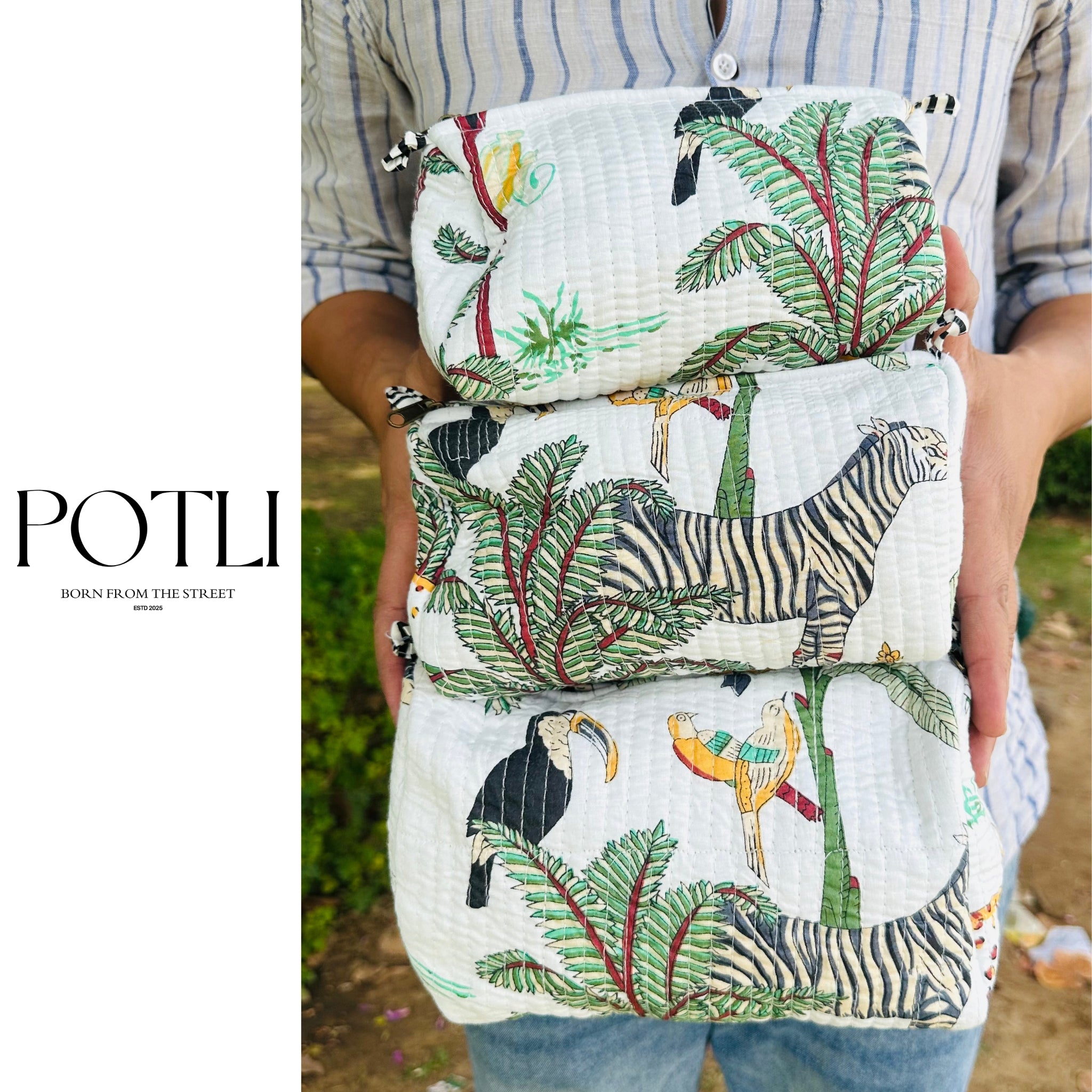 Quilted 3-Piece Pouch Set - Bright White Jungle