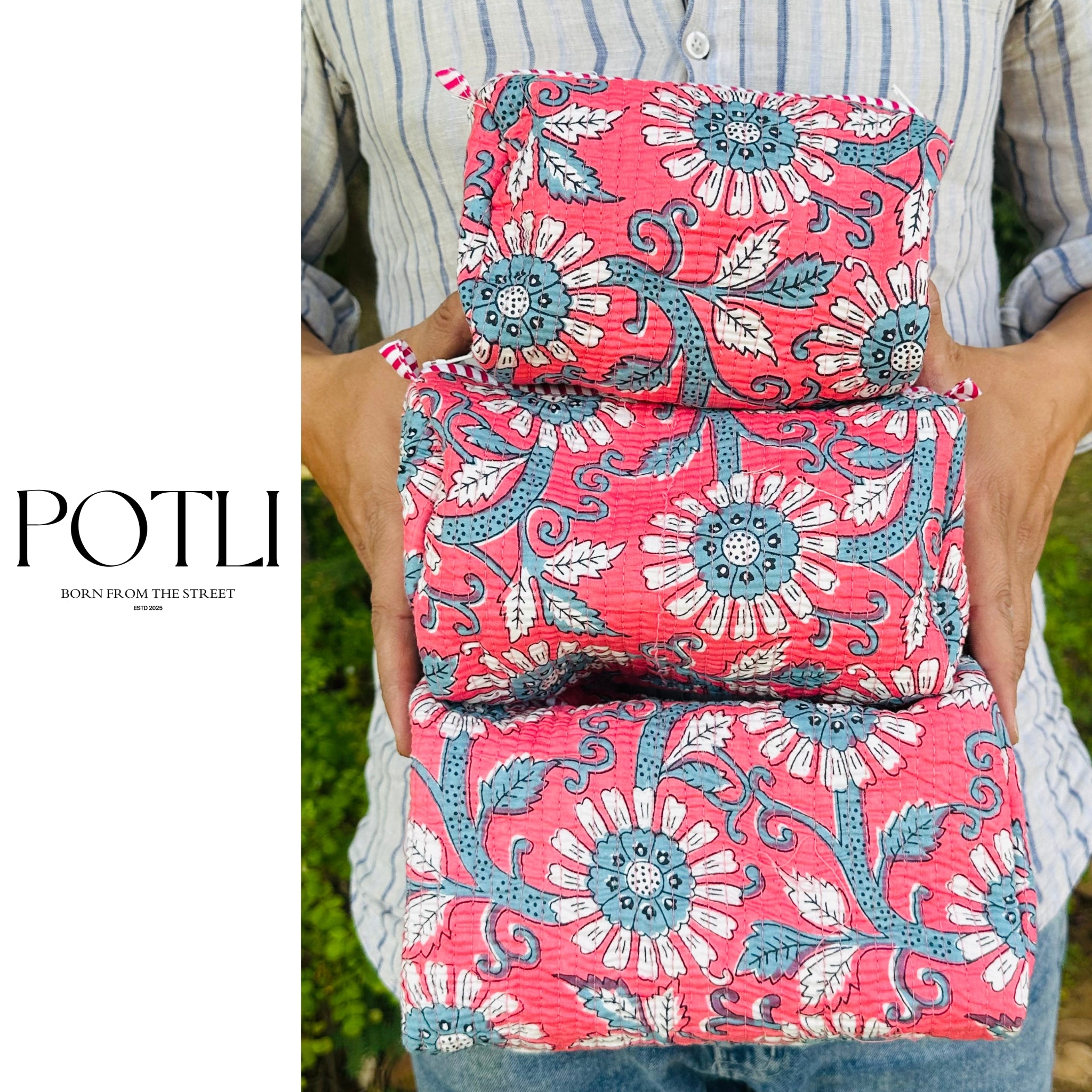 Quilted 3-Piece Pouch Set - Bright Pink