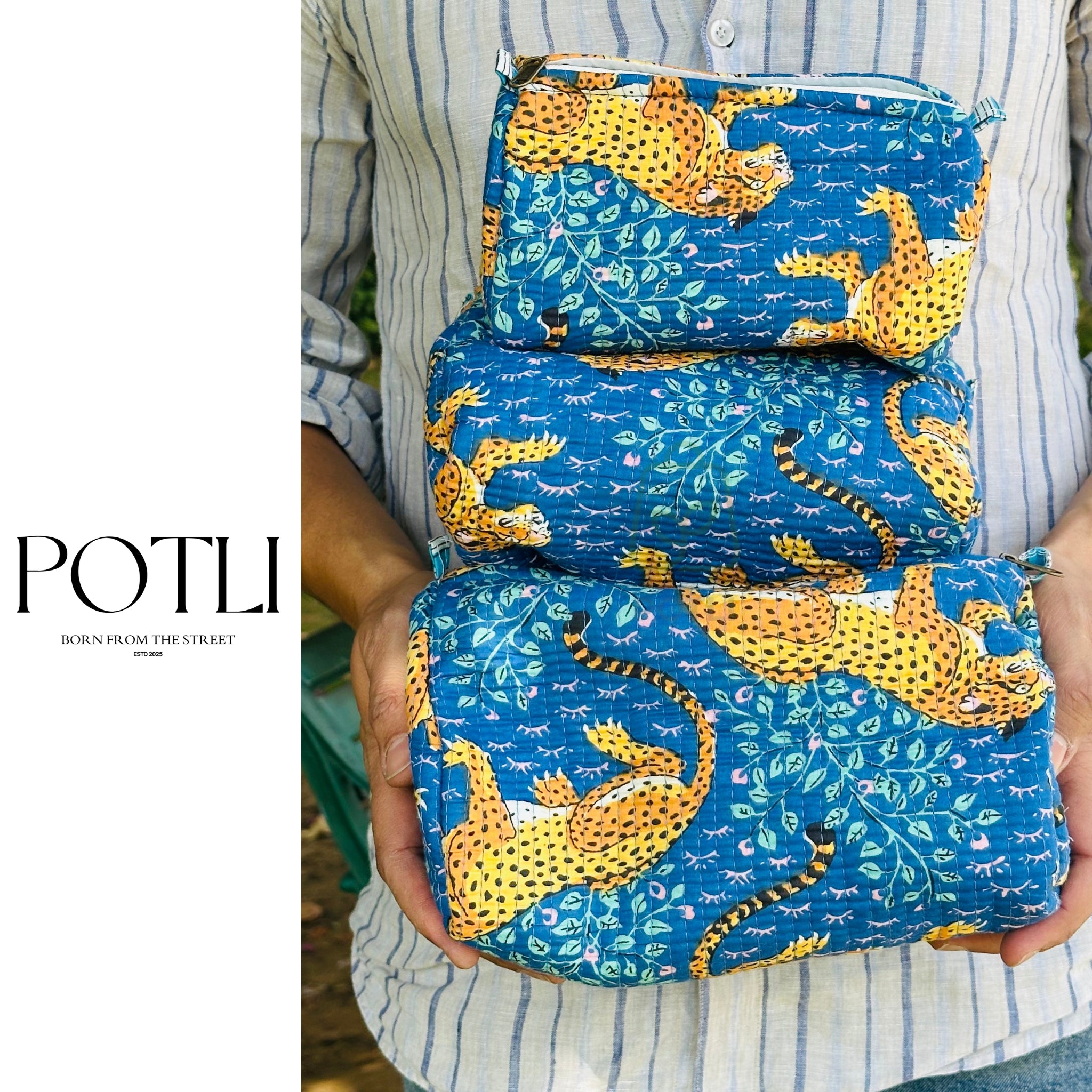 Quilted 3-Piece Pouch Set - Royal Blue