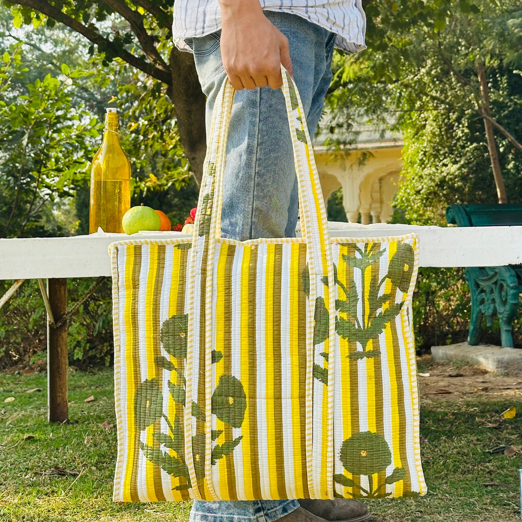 Quilted Cotton Tote Bag (Large) – Mustard Stripe Floral Print