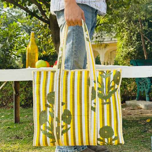 Quilted Cotton Tote Bag (Large) – Mustard Stripe Floral Print