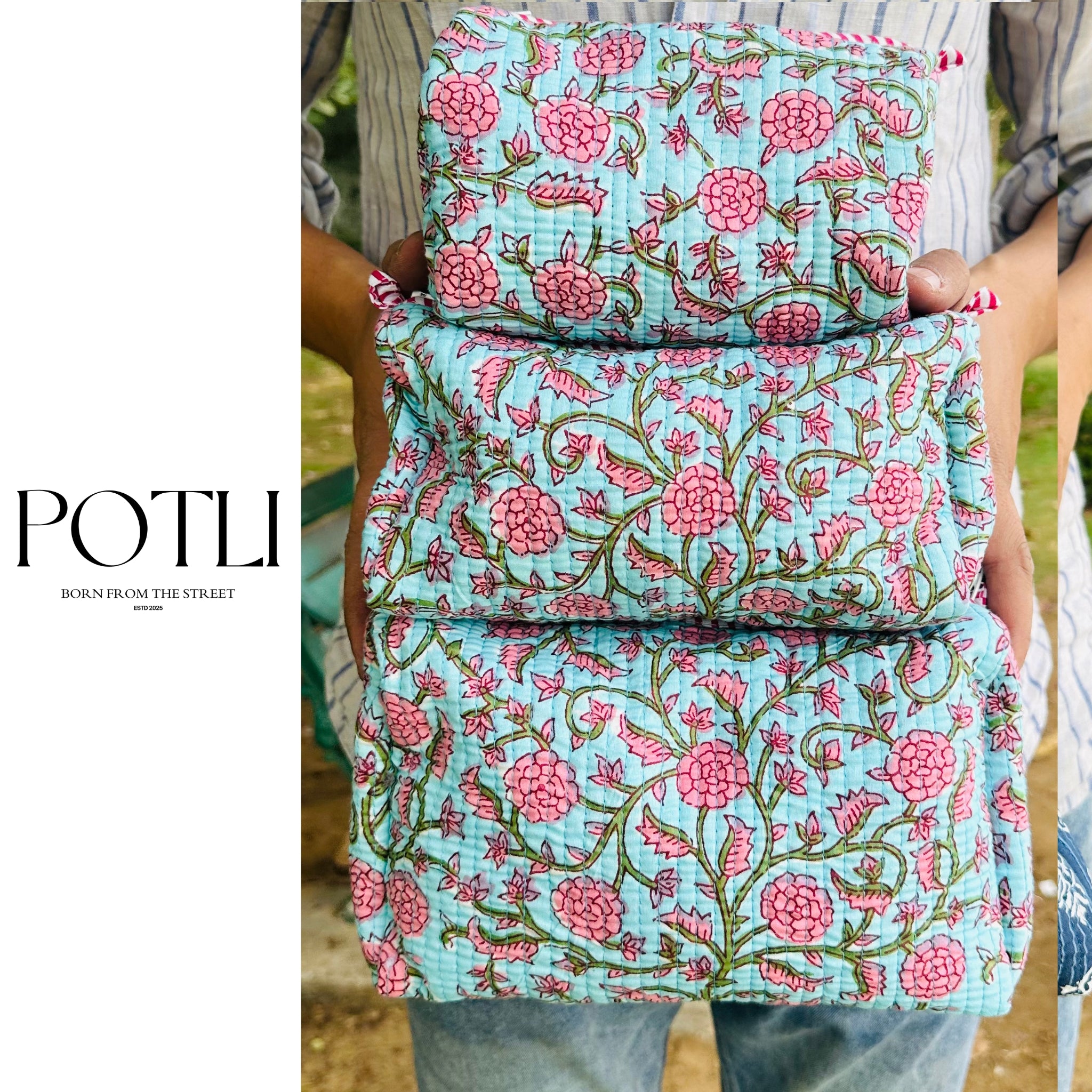 Quilted 3-Piece Pouch Set - Aqua Blue & Pink Floral