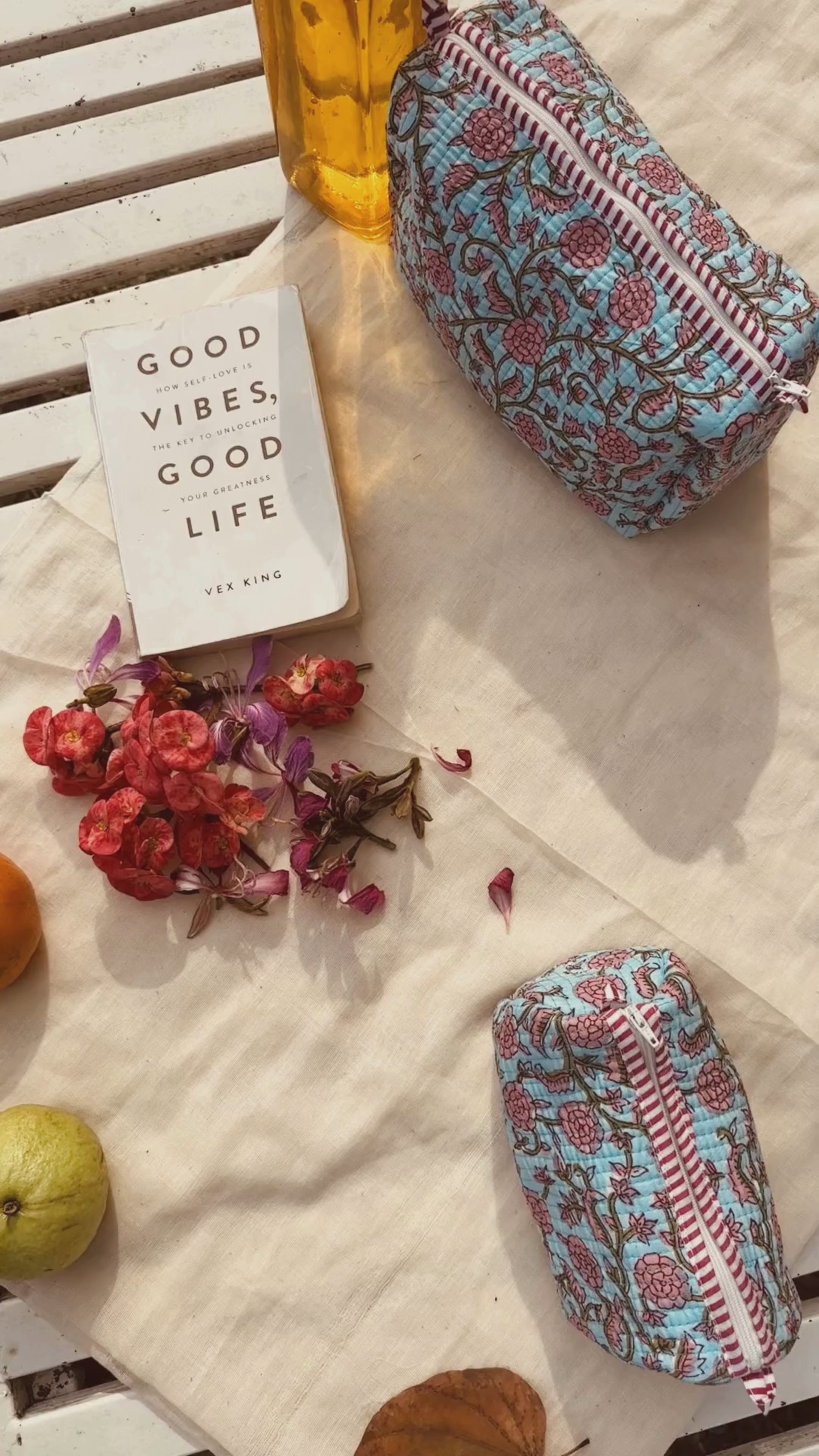 Quilted 3-Piece Pouch Set - Aqua Blue & Pink Floral